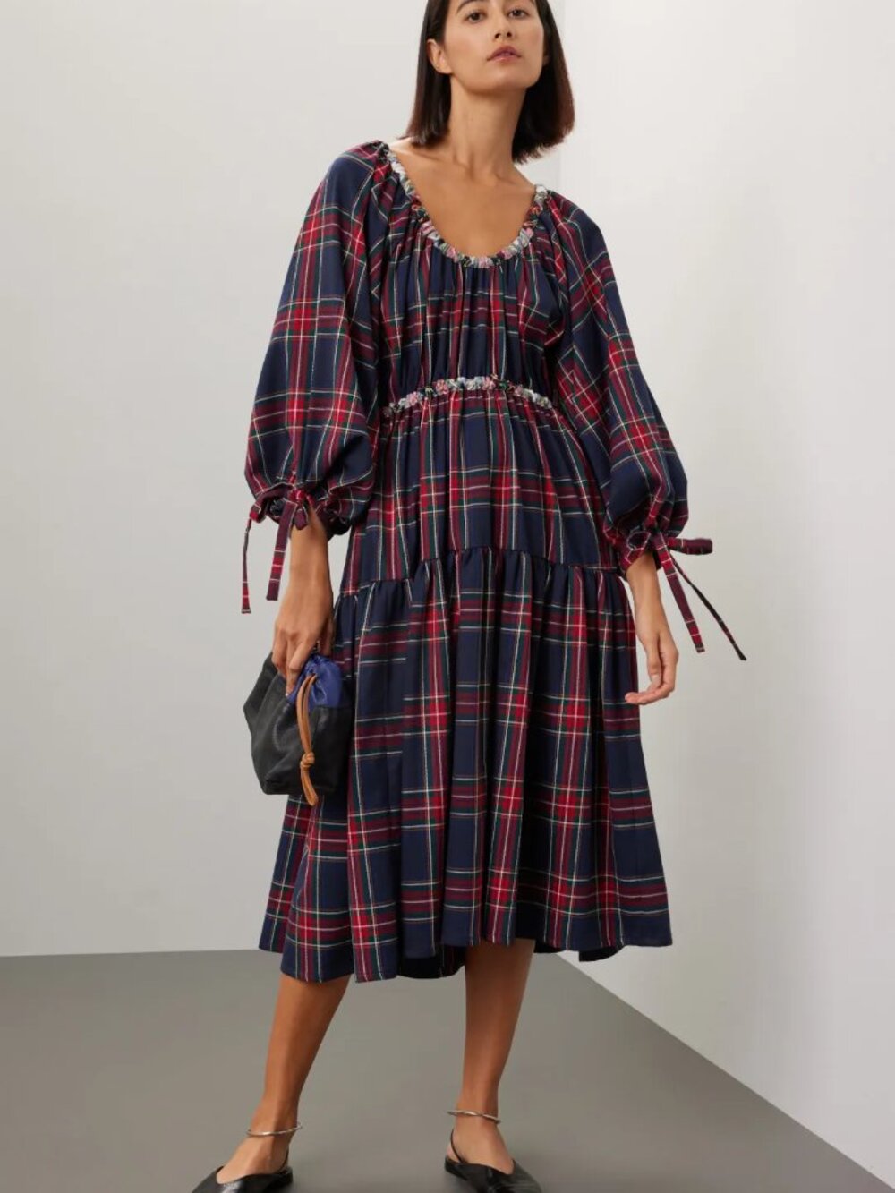 ELIZA FAULKNER Free People Josie dress navy plaid tiered midi Puff Sleeves Bow L